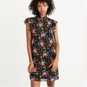 Madewell No. 6 Black Floral Ruffled Knee Dress In Garden Bouquet
